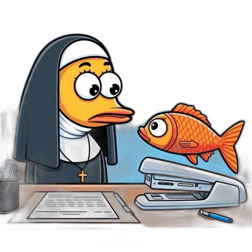 cartoon, office, space, yellow, duck, nun, orange, hovering transparent PNG cut-out