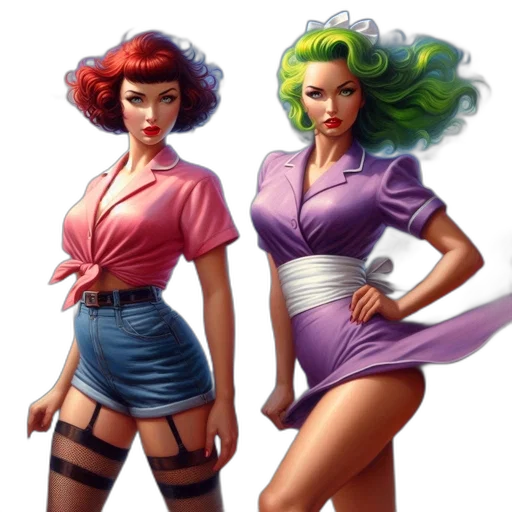 comic book art, concept art, fantasy art, cartoon, neon, green, two, women transparent PNG cut-out
