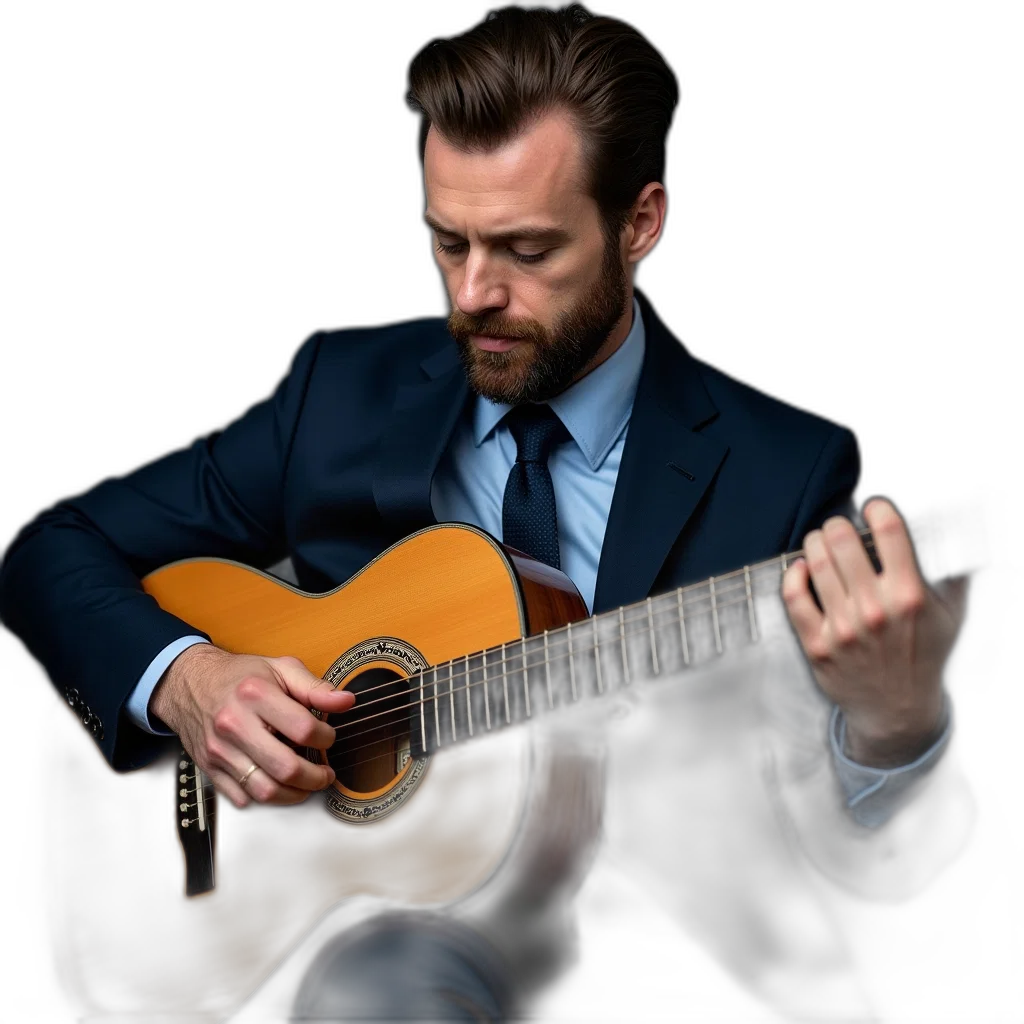 jacket, face, photorealistic, man, beard, playing, acoustic, guitar transparent PNG cut-out