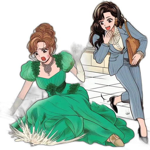 dress, cartoon, concept art, comic book art, fantasy art, fire, green, two transparent PNG cut-out