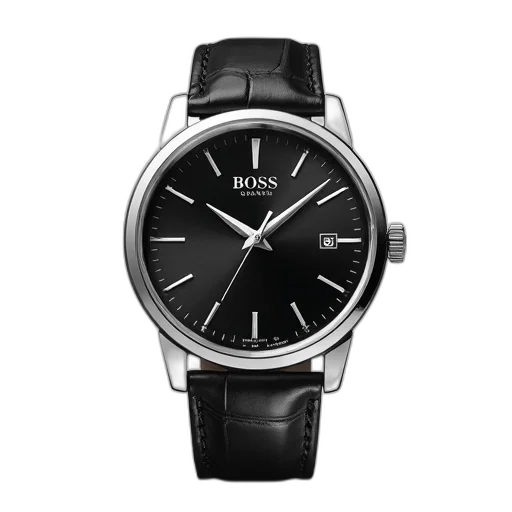 silver, wristwatch, black, leather, strap, displayed, against, white transparent PNG cut-out