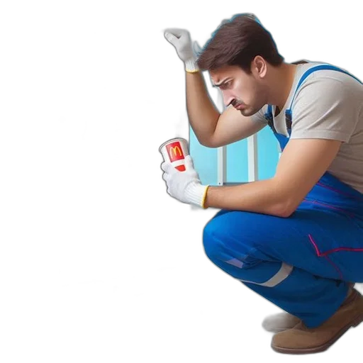staff, robot, man, blue, jumpsuit, kneels, beside, machine transparent PNG cut-out