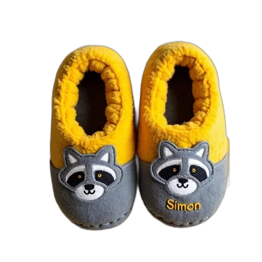 shoes, photorealistic, pair, yellow, gray, slippers, raccoon, design transparent PNG cut-out