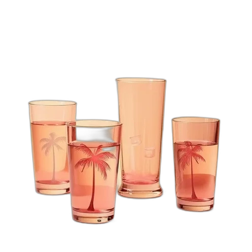 set, four, clear, glass, cups, pinkish, hue, palm transparent PNG cut-out