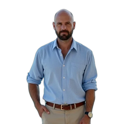 staff, jacket, animal, man, bald, head, beard, standing transparent PNG cut-out