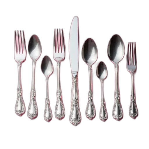 food, 3d render, collection, silverware, including, spoons, forks, knives transparent PNG cut-out