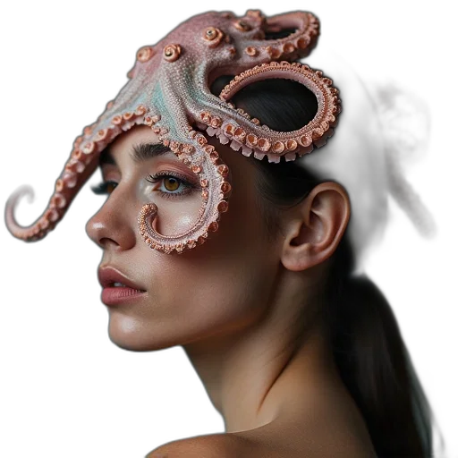 mask, hat, jewelry, face, photorealistic, concept art, cyberpunk, 3d render transparent PNG cut-out