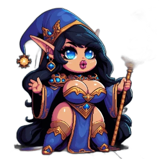 staff, jewelry, fantasy art, pixel art, concept art, comic book art, chibi-style, sorceress transparent PNG cut-out