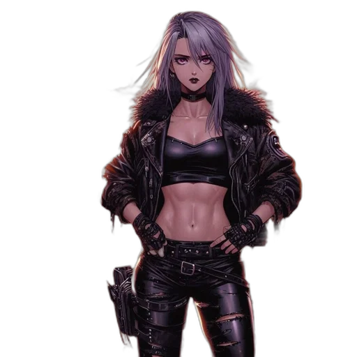 jacket, weapon, cyberpunk, concept art, comic book art, fantasy art, dark, woman transparent PNG cut-out