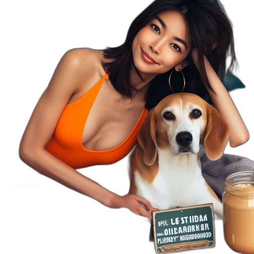 animal, dress, photorealistic, oil painting, woman, reclines, bed, beside transparent PNG cut-out