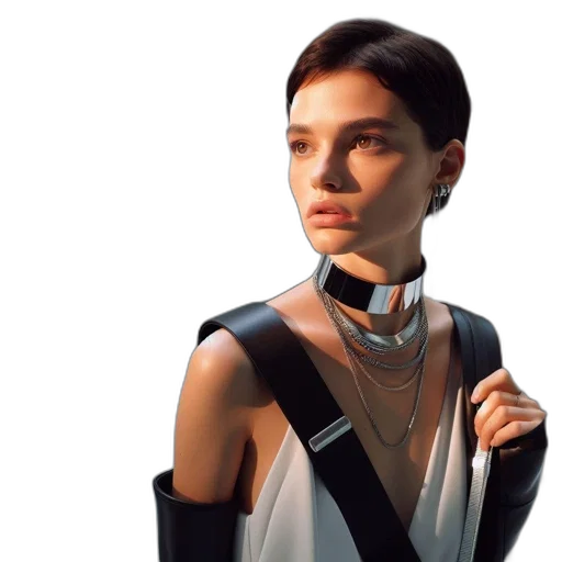 jewelry, robot, dress, jacket, cyberpunk, concept art, photorealistic, 3d render transparent PNG cut-out