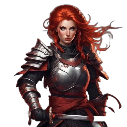sword, fantasy art, concept art, comic book art, photorealistic, red, armored, female transparent PNG cut-out