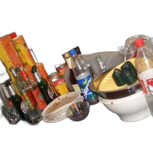 bottle, food, messy, kitchen, counter, various, bottles, bowls transparent PNG cut-out