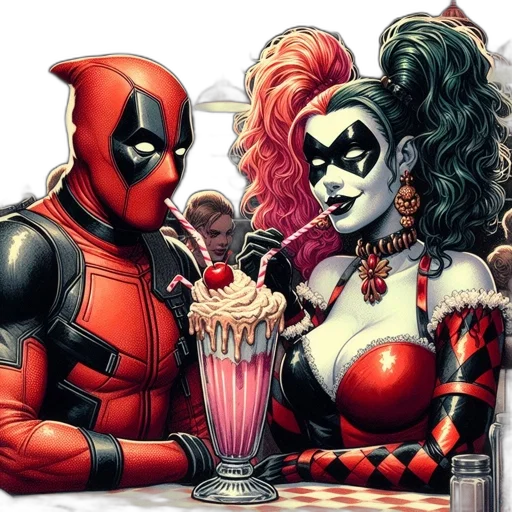 comic book art, concept art, fire, deadpool, harley, quinn, sit, table transparent PNG cut-out