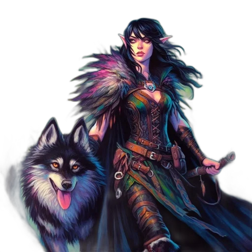 fantasy art, concept art, comic book art, pixel art, dark, elfin, woman, armed transparent PNG cut-out