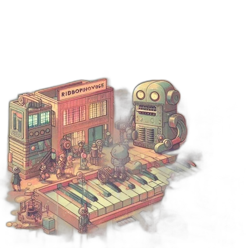 robot, furniture, concept art, pixel art, cyberpunk, 3d render, fog, city street transparent PNG cut-out
