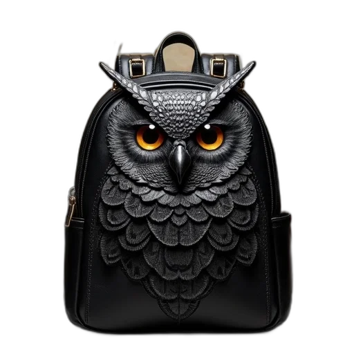 photorealistic, fantasy art, black, leather, backpack, large, owl, design transparent PNG cut-out