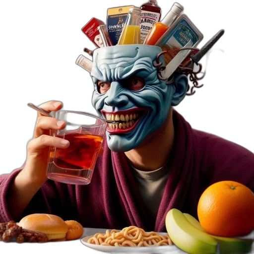 mask, food, robot, face, cyberpunk, concept art, vaporwave, photorealistic transparent PNG cut-out