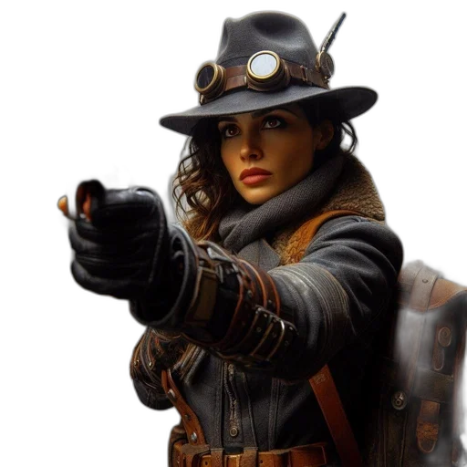 hat, staff, weapon, jacket, concept art, photorealistic, fantasy art, comic book art transparent PNG cut-out