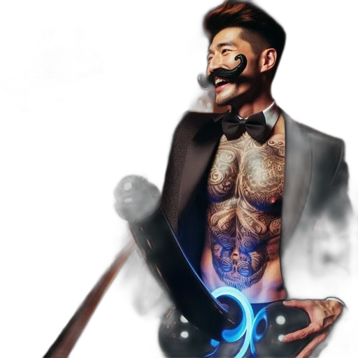 staff, concept art, fantasy art, cyberpunk, photorealistic, neon lights, man, tuxedo transparent PNG cut-out