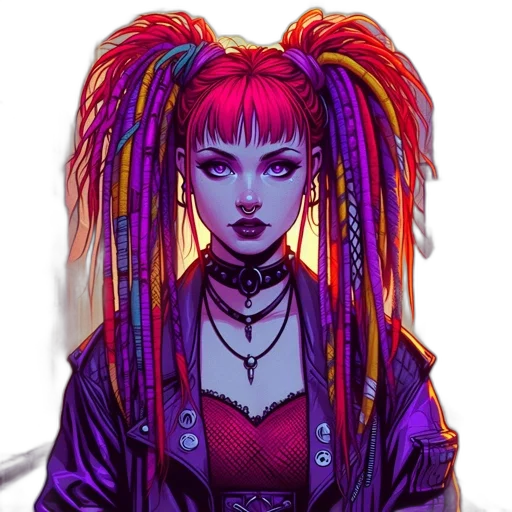 hair, jacket, staff, cyberpunk, fantasy art, concept art, comic book art, neon lights transparent PNG cut-out