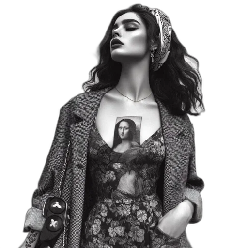 dress, jacket, jewelry, photorealistic, concept art, pencil sketch, urban, woman transparent PNG cut-out