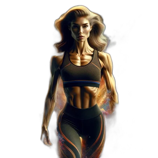 concept art, comic book art, pixel art, photorealistic, woman, sportswear, surrounded, vibrant transparent PNG cut-out
