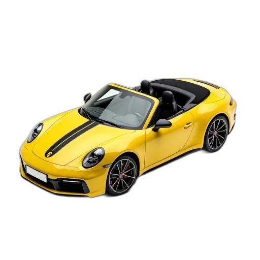 car, 3d render, photorealistic, yellow, convertible, black, stripe, hood transparent PNG cut-out