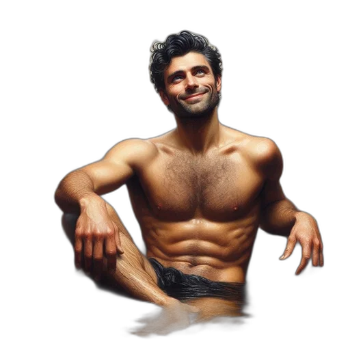 photorealistic, pixel art, concept art, oil painting, muscular, man, lounges, beside transparent PNG cut-out