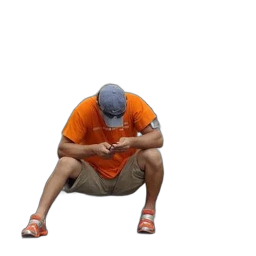 staff, hat, creature, man, orange, shirt, shorts, sits transparent PNG cut-out