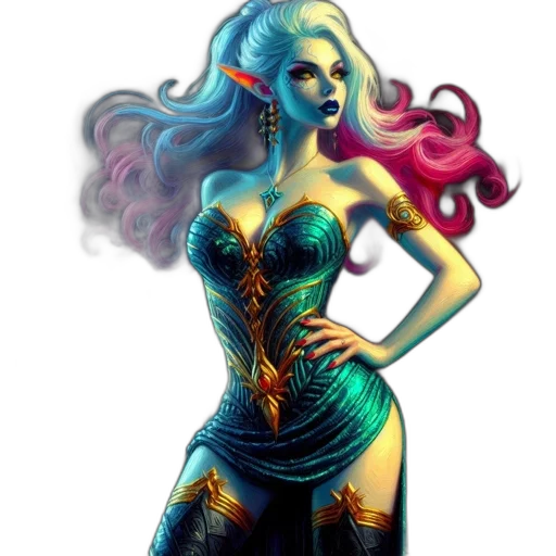 dress, fantasy art, comic book art, concept art, cartoon, colorful, blue, neon transparent PNG cut-out