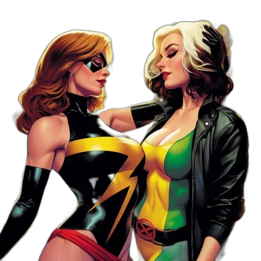 comic book art, concept art, neon lights, two, female, superheroes, distinctive, outfits transparent PNG cut-out