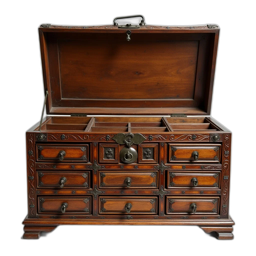 furniture, jewelry, staff, vintage, wooden, chest, intricate, carvings transparent PNG cut-out