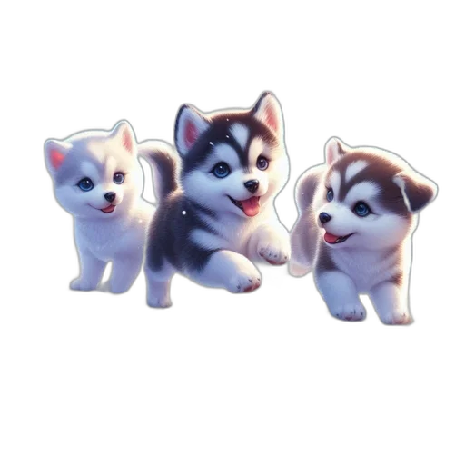 3d render, concept art, pixel art, photorealistic, three, adorable, husky, pups transparent PNG cut-out