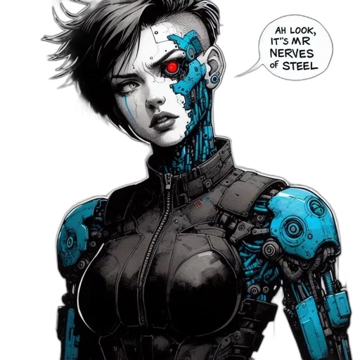 robot, comic book art, cyberpunk, concept art, cartoon, cyborg, robot-like, female transparent PNG cut-out