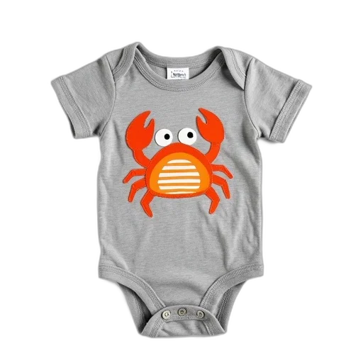 grey, baby, onesie, cartoon, crab, design, front, has transparent PNG cut-out