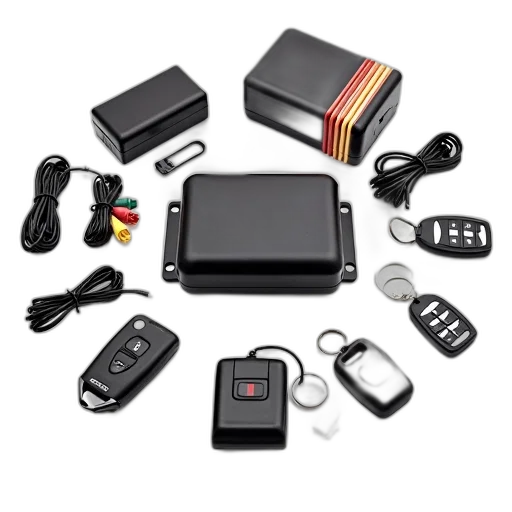 collection, car, alarm, system, components, displayed, white, background transparent PNG cut-out