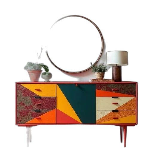 furniture, jewelry, earth tones, colorful, red, dark, patchwork, dresser transparent PNG cut-out