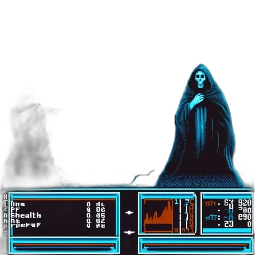 creature, staff, cyberpunk, concept art, vaporwave, pixel art, blue, dark transparent PNG cut-out