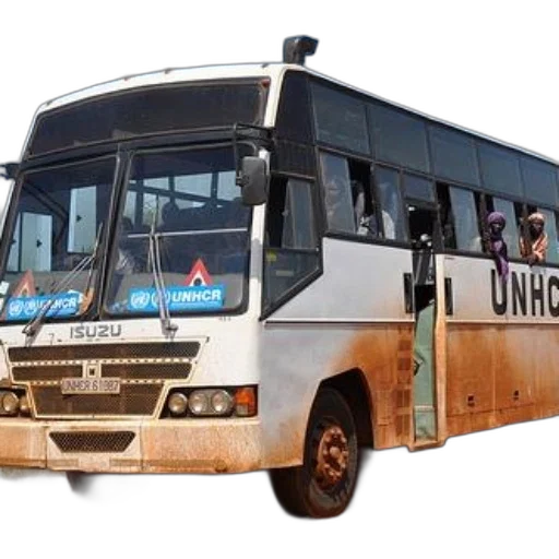 3d render, photorealistic, unhcr, bus, rusted, exterior, parked, dirt transparent PNG cut-out