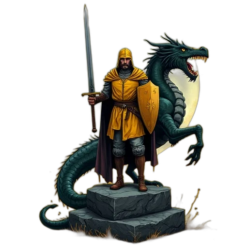 dragon, sword, staff, fantasy art, concept art, pixel art, 3d render, yellow transparent PNG cut-out