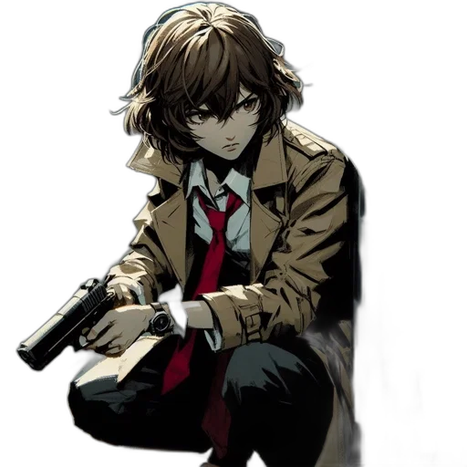 weapon, jacket, staff, comic book art, concept art, anime, pixel art, dark transparent PNG cut-out