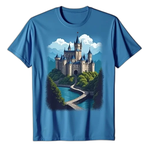 fantasy art, concept art, 3d render, pixel art, blue, t-shirt, graphic, castle transparent PNG cut-out