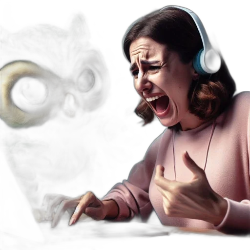 concept art, photorealistic, 3d render, fantasy art, frustrated, woman, headphones, screams transparent PNG cut-out