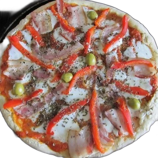 food, 3d render, photorealistic, pizza, red, peppers, olives, ham transparent PNG cut-out