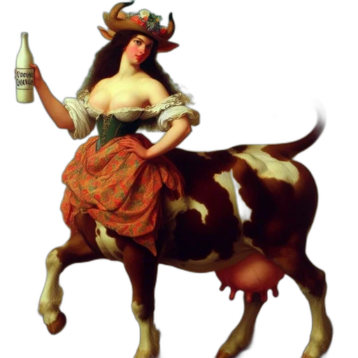 animal, dress, concept art, fantasy art, oil painting, photorealistic, anthropomorphic, woman-cow transparent PNG cut-out