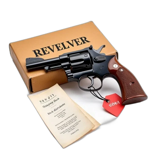 weapon, 3d render, vintage, revolver, wooden, grip, displayed, white transparent PNG cut-out