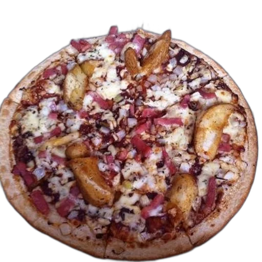 food, crown, pizza, ham, cheese, potatoes, sits, cardboard transparent PNG cut-out