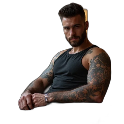 jewelry, staff, animal, hair, photorealistic, man, tattoo, his transparent PNG cut-out