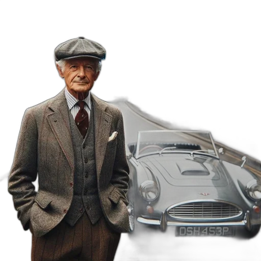 car, photorealistic, concept art, 3d render, older, man, stands, cobbled transparent PNG cut-out